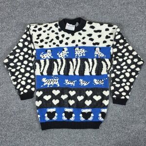 Vintage Custom Design Animal Print Sweater Blue Black Cat/Dog Size Med FLAW
